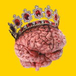 brain wearing crown of diamonds and rubies on yellow background