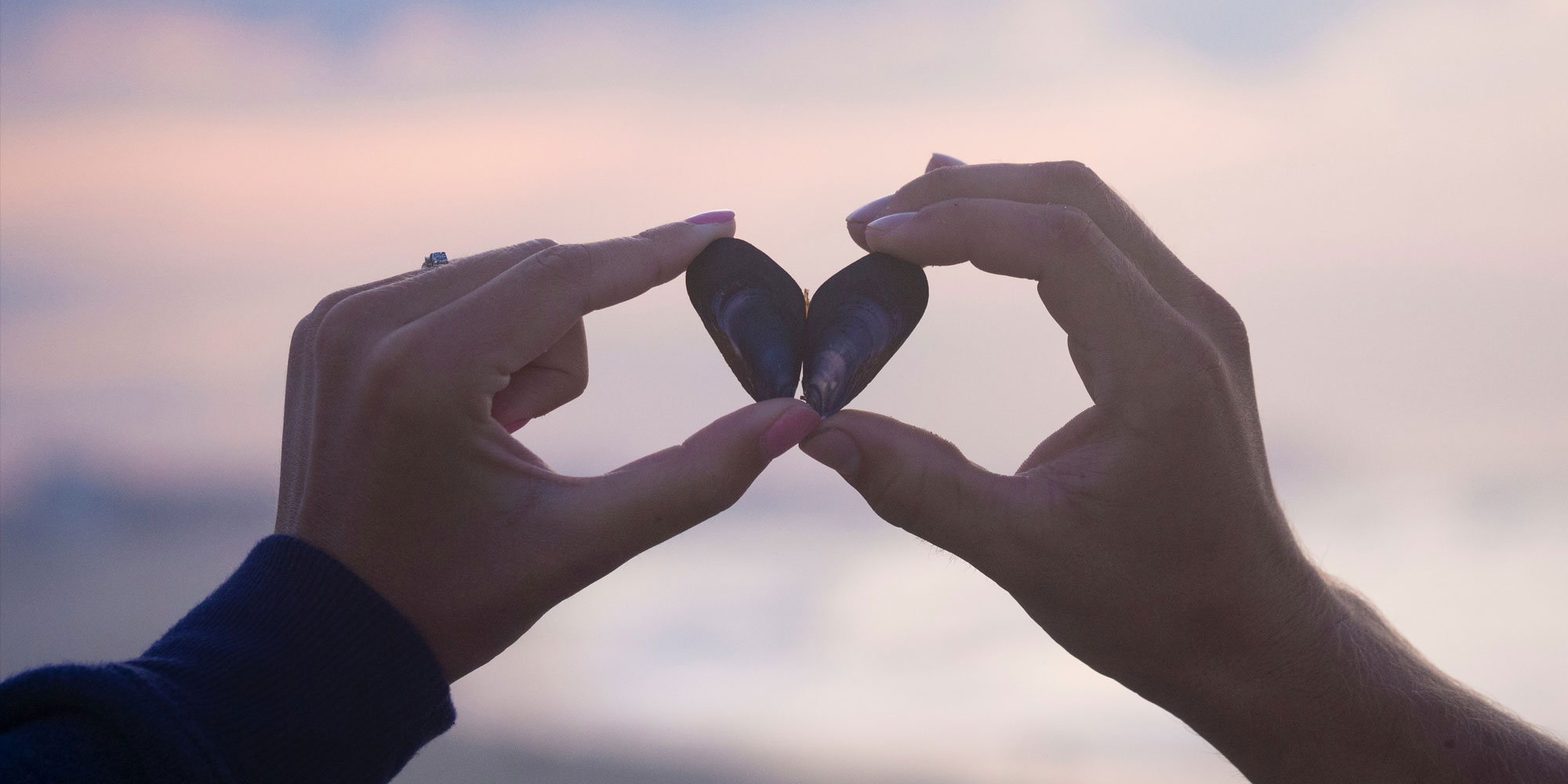 hands holding heart-shaped shell on beach at sunset